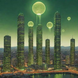 Exhibit a city of impressive atompunk skyscrapers, their architecture echoing the dynamism of atomic energy, adorned with Geiger counters, swirling atom models, and glowing orbs. They stand against a gamma-ray green sky, illuminating the city with their radiating brilliance.