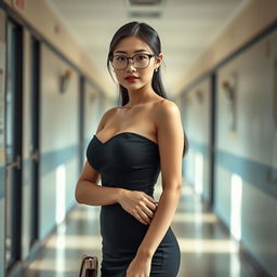 A beautiful and sexy Chinese teacher in a school corridor, showcasing her stunning hourglass body in full view