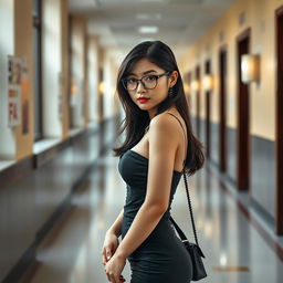 A beautiful and sexy Chinese teacher in a school corridor, showcasing her stunning hourglass body in full view