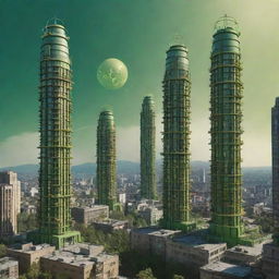 Exhibit a city of impressive atompunk skyscrapers, their architecture echoing the dynamism of atomic energy, adorned with Geiger counters, swirling atom models, and glowing orbs. They stand against a gamma-ray green sky, illuminating the city with their radiating brilliance.