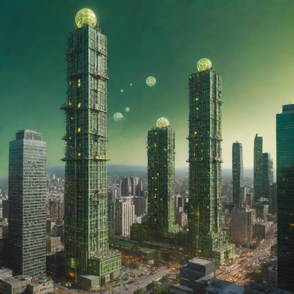 Exhibit a city of impressive atompunk skyscrapers, their architecture echoing the dynamism of atomic energy, adorned with Geiger counters, swirling atom models, and glowing orbs. They stand against a gamma-ray green sky, illuminating the city with their radiating brilliance.