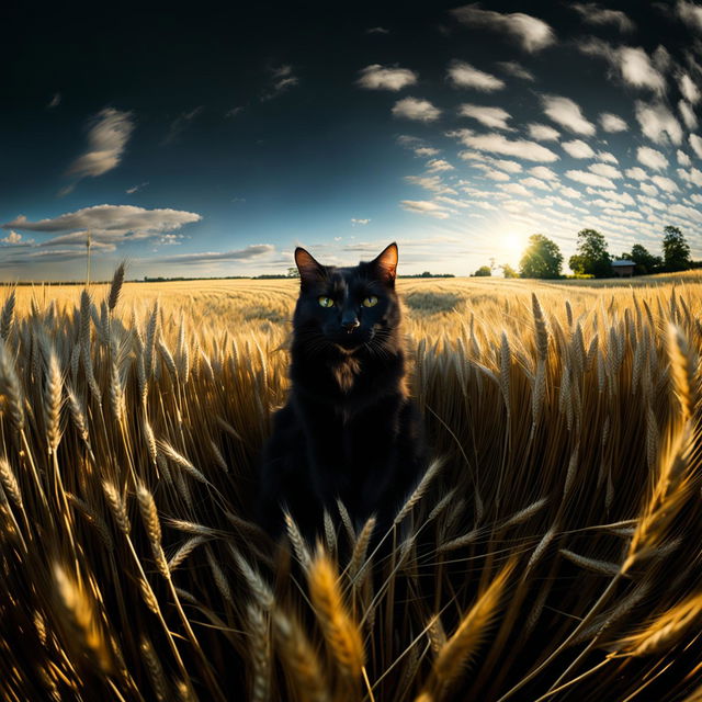 Extra-wide-shot photograph of a black cat sitting in the middle of a vast wheat field under a clear blue sky.