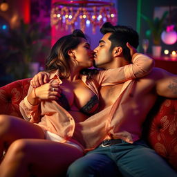A sensual and intimate scene featuring a female figure inspired by Nushrat Bharucha, dressed in enticing lingerie