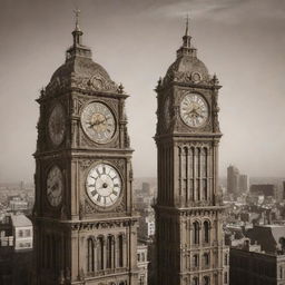 Visualize a city filled with clockpunk skyscrapers. Majestic towers adorned with ornate clock faces, gear motifs, and pendulums, brought to life by chiming bells and whirring springs. They stand tall against a sepia-toned vintage sky.