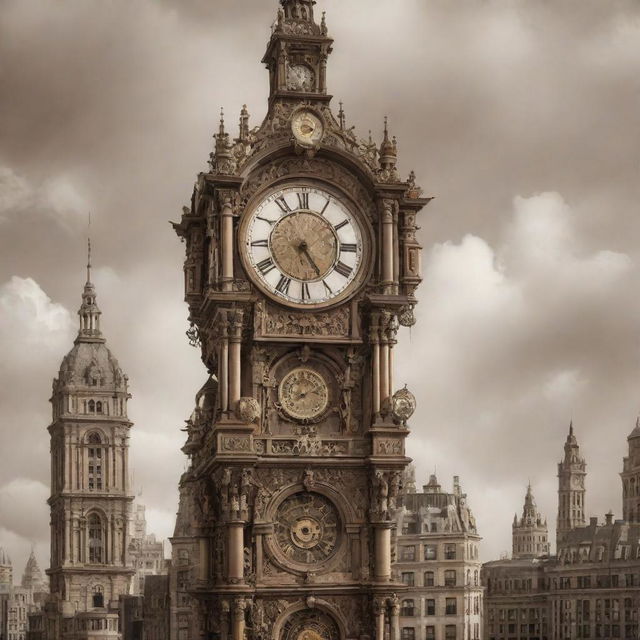 Visualize a city filled with clockpunk skyscrapers. Majestic towers adorned with ornate clock faces, gear motifs, and pendulums, brought to life by chiming bells and whirring springs. They stand tall against a sepia-toned vintage sky.