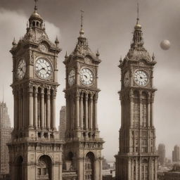 Visualize a city filled with clockpunk skyscrapers. Majestic towers adorned with ornate clock faces, gear motifs, and pendulums, brought to life by chiming bells and whirring springs. They stand tall against a sepia-toned vintage sky.