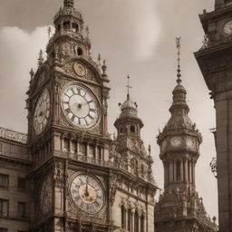 Visualize a city filled with clockpunk skyscrapers. Majestic towers adorned with ornate clock faces, gear motifs, and pendulums, brought to life by chiming bells and whirring springs. They stand tall against a sepia-toned vintage sky.