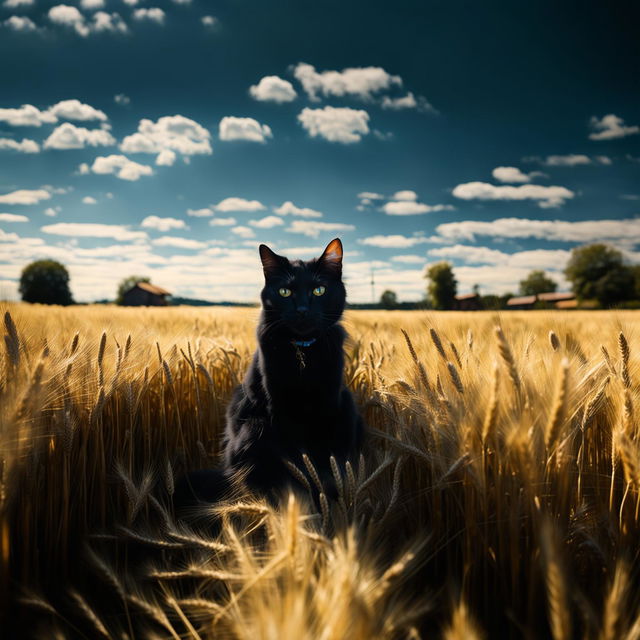 Wide-shot photograph of a black cat sitting in the middle of a vast wheat field under a clear blue sky.