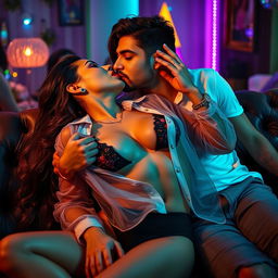 A sensual and intimate scene featuring a female figure inspired by Nushrat Bharucha, dressed in alluring lingerie