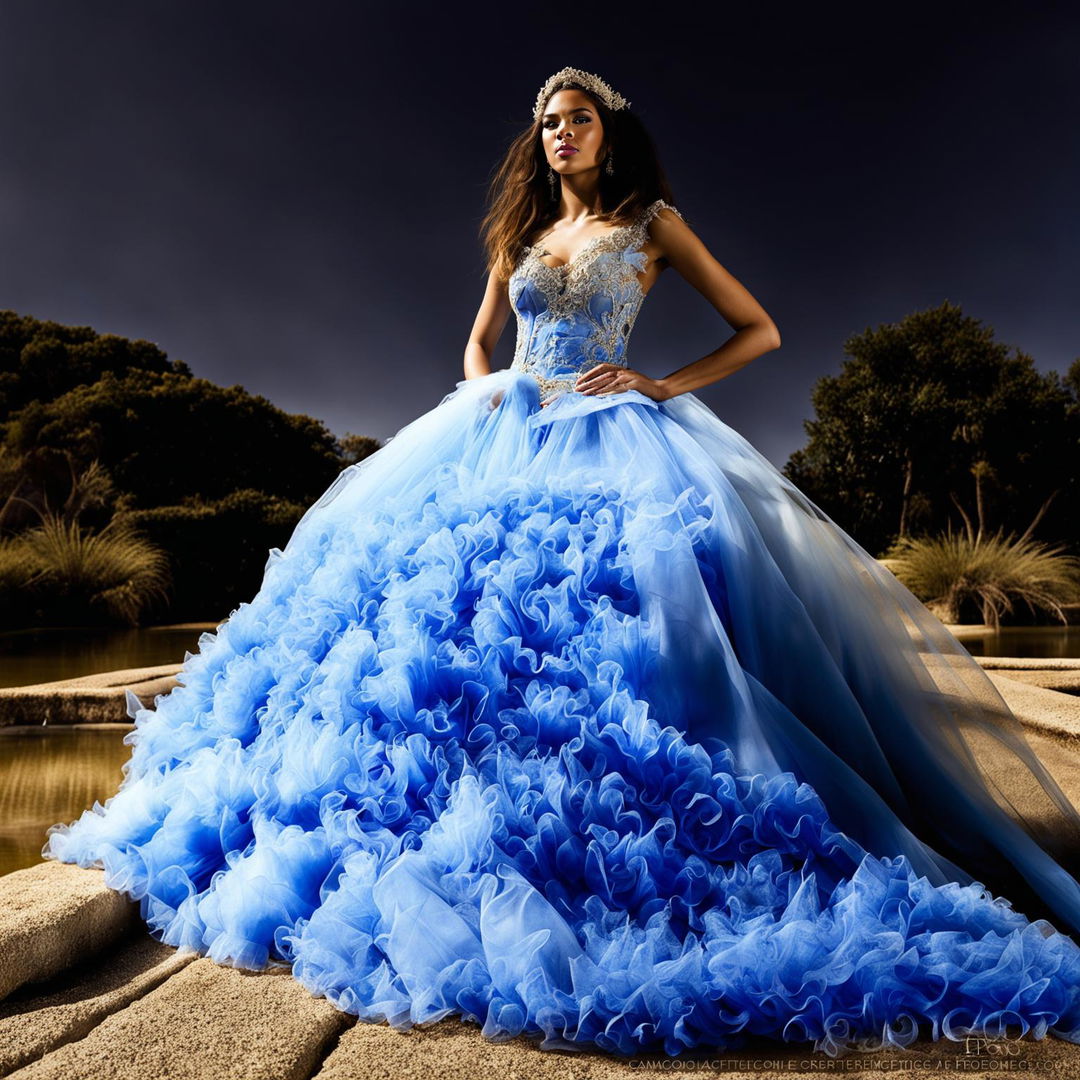 Distant shot of a female model in an extravagant sky blue Quinceañera ball gown with a large full skirt and fitted bodice decorated with appliqués and lace. The image captures an intense editorial magazine photoshoot with immaculate composition and lighting.