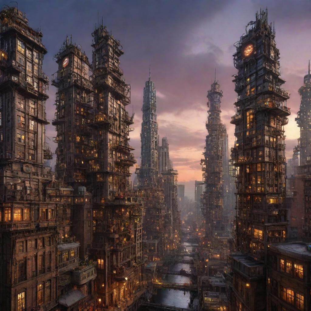 Imagine a bustling city, filled with mechanicpunk skyscrapers. Towering edifices boasting intricate mechanical systems, cogged facades and whirling pulleys. All standing together in a synchronized symphony of mechanized marvel against the backdrop of a twilight sky.