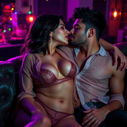 A sensual and intimate scene featuring a female figure inspired by Nushrat Bharucha, dressed in alluring lingerie