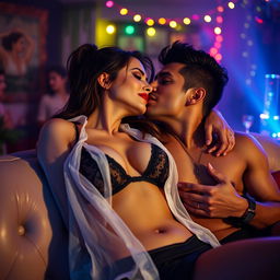 A sensual and intimate scene featuring a female figure inspired by Nushrat Bharucha, dressed in alluring lingerie