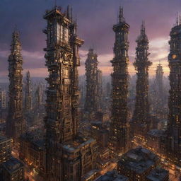 Imagine a bustling city, filled with mechanicpunk skyscrapers. Towering edifices boasting intricate mechanical systems, cogged facades and whirling pulleys. All standing together in a synchronized symphony of mechanized marvel against the backdrop of a twilight sky.