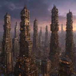 Imagine a bustling city, filled with mechanicpunk skyscrapers. Towering edifices boasting intricate mechanical systems, cogged facades and whirling pulleys. All standing together in a synchronized symphony of mechanized marvel against the backdrop of a twilight sky.