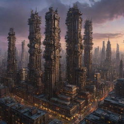 Imagine a bustling city, filled with mechanicpunk skyscrapers. Towering edifices boasting intricate mechanical systems, cogged facades and whirling pulleys. All standing together in a synchronized symphony of mechanized marvel against the backdrop of a twilight sky.