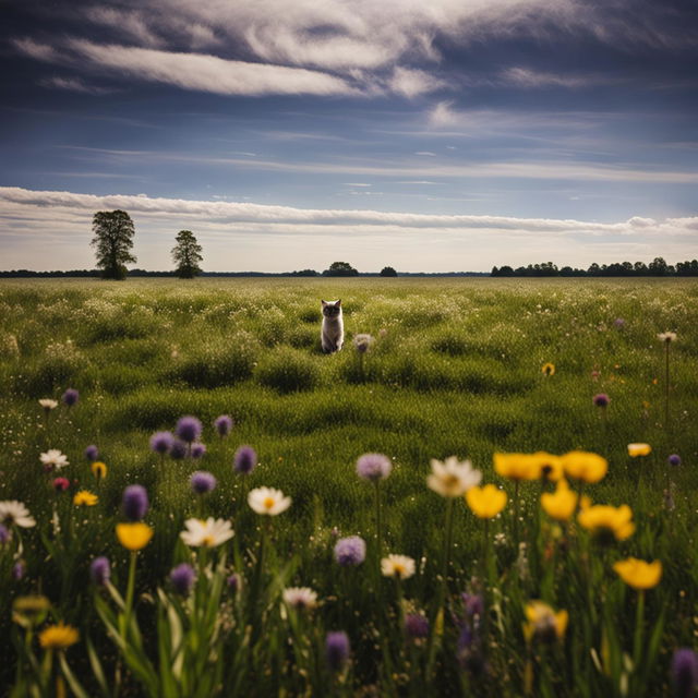 Long-shot of a cat in a vast field.