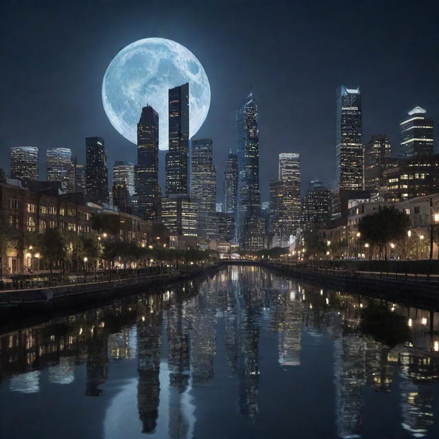 Conjure an image of a city filled with aquapunk skyscrapers. Striking towers engineered with water-fueled systems, canals, and waterwheels, created with a silhouette that mirrors the movement of waves under the reflective glow of a moonlit sky.