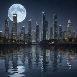 Conjure an image of a city filled with aquapunk skyscrapers. Striking towers engineered with water-fueled systems, canals, and waterwheels, created with a silhouette that mirrors the movement of waves under the reflective glow of a moonlit sky.