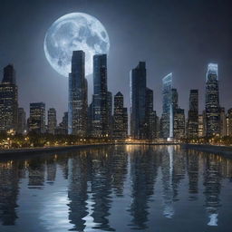 Conjure an image of a city filled with aquapunk skyscrapers. Striking towers engineered with water-fueled systems, canals, and waterwheels, created with a silhouette that mirrors the movement of waves under the reflective glow of a moonlit sky.