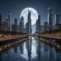 Conjure an image of a city filled with aquapunk skyscrapers. Striking towers engineered with water-fueled systems, canals, and waterwheels, created with a silhouette that mirrors the movement of waves under the reflective glow of a moonlit sky.