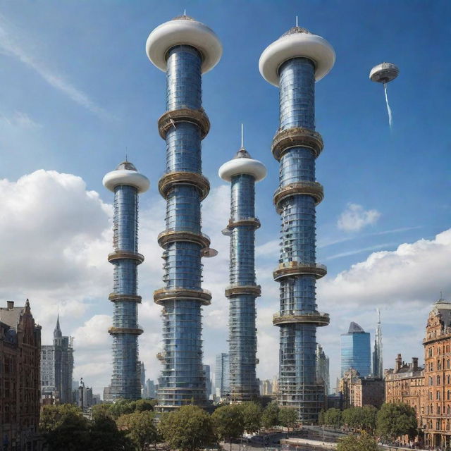 Picture a city adorned with airpunk skyscrapers. Majestic towers equipped with wind-powered turbines, zeppelin docks, and swirling vortex generators. These architectural marvels touch the azure sky, dancing with the rhythm of the winds.