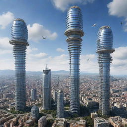 Picture a city adorned with airpunk skyscrapers. Majestic towers equipped with wind-powered turbines, zeppelin docks, and swirling vortex generators. These architectural marvels touch the azure sky, dancing with the rhythm of the winds.