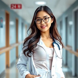 A beautiful and sexy Chinese doctor standing confidently in a hospital corridor, flaunting her hourglass body