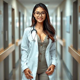 A beautiful and sexy Chinese doctor standing confidently in a hospital corridor, flaunting her hourglass body