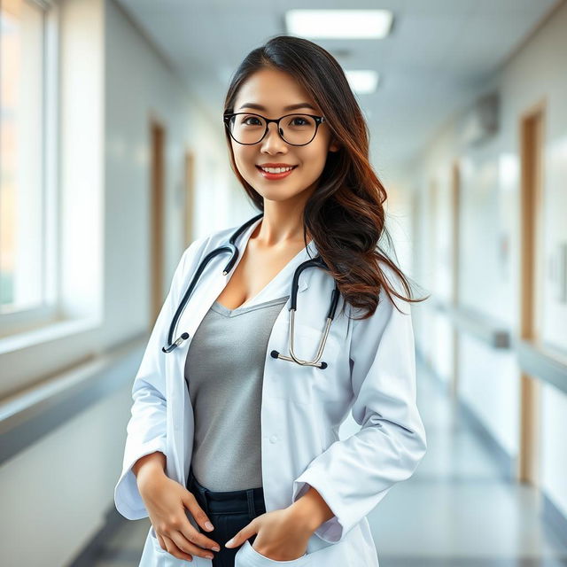 A beautiful and sexy Chinese doctor standing confidently in a hospital corridor, flaunting her hourglass body