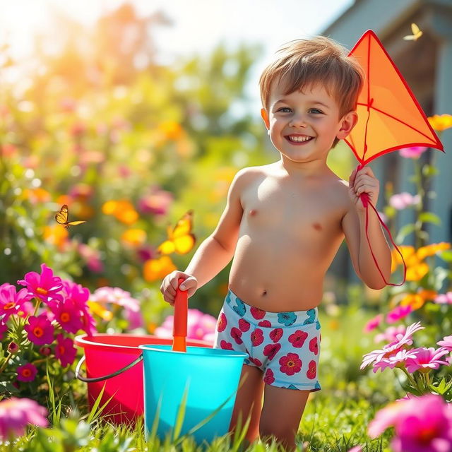 A young boy playing in a brightly colored, cheerful garden, wearing playful patterned underwear and a big smile, with a bucket and spade beside him, surrounded by blooming flowers and butterflies fluttering around