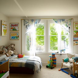 A cozy and vibrant boy's room with two large windows allowing sunlight to filter in, filled with toys, educational posters, and comfortable furniture.