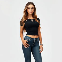 A full-body photo of a female in her early twenties with a triangle body shape, featuring long, light wavy light brown hair that flows elegantly down her back