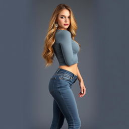 A full-body photo of a female in her early twenties with a triangle body shape, featuring long, light wavy light brown hair that flows elegantly down her back