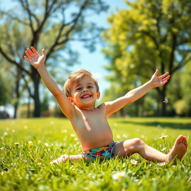 A playful scene featuring a young boy stretching his legs in a sunny park, wearing colorful patterned underwear