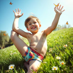 A playful scene featuring a young boy stretching his legs in a sunny park, wearing colorful patterned underwear
