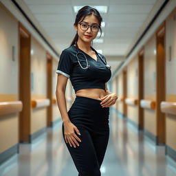 A beautiful and sexy Chinese nurse standing confidently in a hospital corridor, showcasing her hourglass body