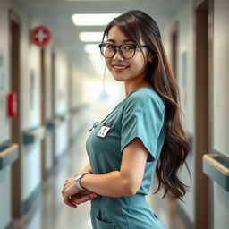A beautiful and sexy Chinese nurse standing confidently in a hospital corridor, showcasing her hourglass body