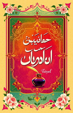A beautifully designed book cover for an Urdu novel, featuring vibrant colors and elegant typography that showcases the title in ornate script