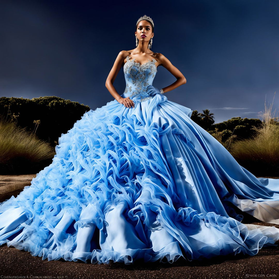 Distant shot of a female model in an extravagant sky blue Quinceañera ball gown with a large full skirt and fitted bodice decorated with appliqués and lace. The image captures an intense editorial magazine photoshoot with immaculate composition and lighting.