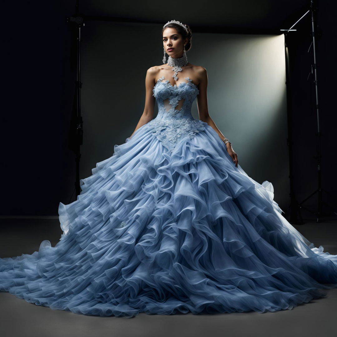 A female model in an extravagant pastel blue Quinceañera ball gown with a large full skirt and fitted bodice decorated with appliqués and lace. The photograph has an intense editorial magazine photoshoot vibe with immaculate composition and lighting.