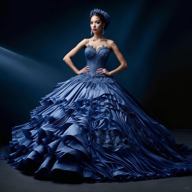 A female model in an extravagant cobalt blue Quinceañera ball gown with a large full skirt and fitted bodice decorated with appliqués and lace. The photograph has an intense editorial magazine photoshoot vibe with immaculate composition and lighting.