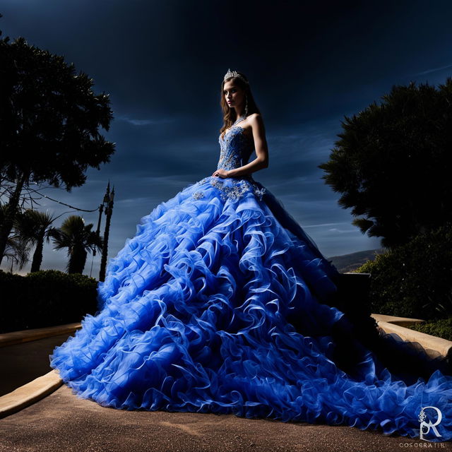 A female model in an extravagant cobalt blue Quinceañera ball gown with a large full skirt and fitted bodice decorated with appliqués and lace. The photograph has immaculate composition and lighting, taken from a distance with a 200mm lens in an editorial magazine style.