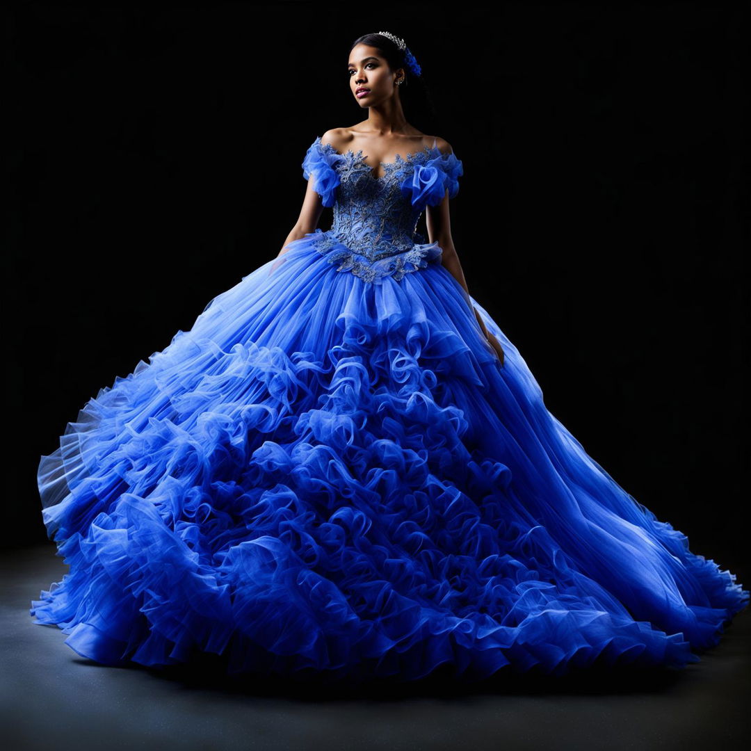 A distant shot of a female model in an extravagant cobalt blue Quinceañera ball gown with a large full skirt and fitted bodice decorated with intricate appliqués and lace. The image has immaculate composition and lighting, capturing an editorial magazine photoshoot vibe.