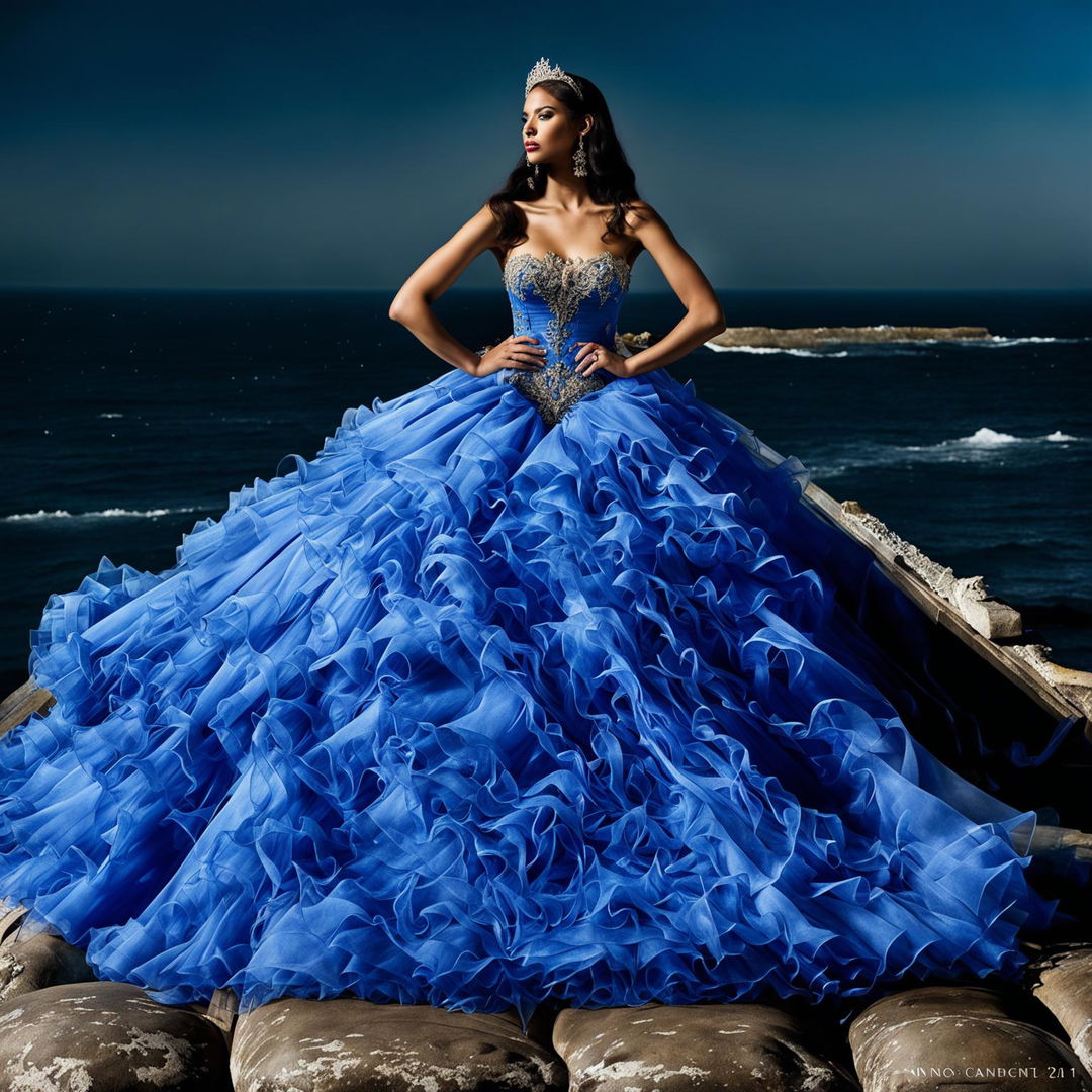 Distant shot of a female model in an extravagant blue Quinceañera ball gown with a large full skirt and fitted bodice decorated with appliqués and lace, under intense lighting in an editorial magazine photoshoot.