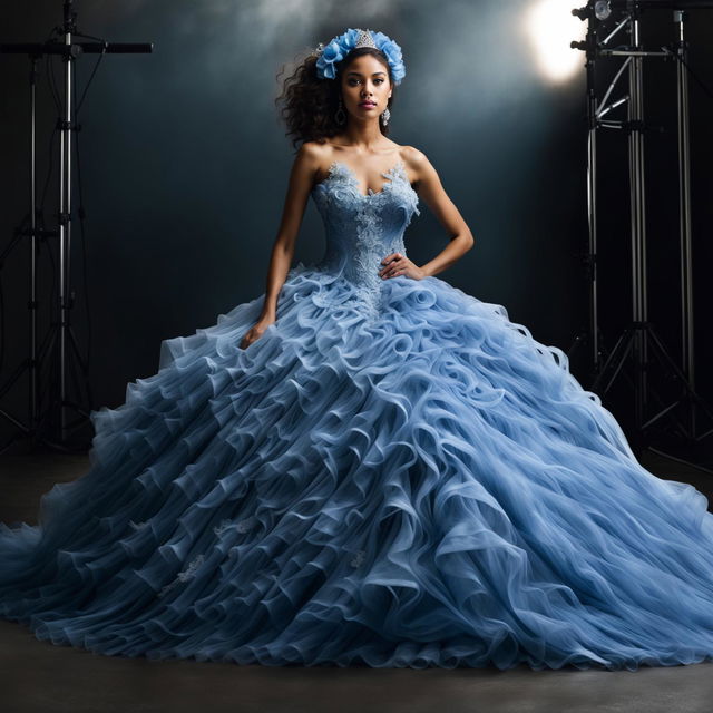 A female model in an extravagant pastel blue Quinceañera ball gown with a large full skirt and fitted bodice decorated with appliqués and lace. Shot from a distance with immaculate lighting and composition for an editorial magazine photoshoot.