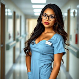 A beautiful and sexy Latina nurse standing confidently in a hospital corridor, showcasing her hourglass body