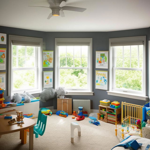 A cozy and vibrant boy's room with two large windows allowing sunlight to filter in, filled with toys, educational posters, and comfortable furniture.