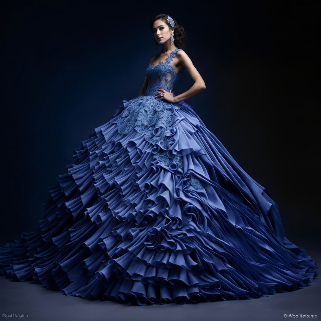 A distant shot of a female model in an extravagant cobalt blue Quinceañera ball gown with a large full skirt and fitted bodice decorated with appliqués and lace. The image has immaculate composition and lighting, capturing an intense editorial magazine photoshoot.