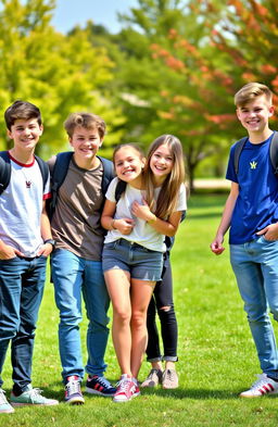 A vibrant and lively scene featuring four high school-aged boys hanging out together with their younger high school-aged sister